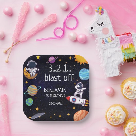 Niedliche Blast Off Thema jedes Lebensjahres Pappteller (Party)