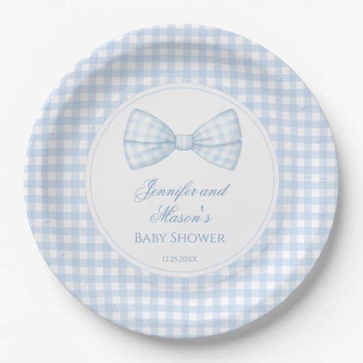 Niedliche, blaue Bogen-Krawatte Boho Babydusche Pappteller (Vorderseite)