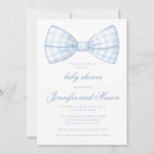 Niedliche blaue Bogen-Krawatte-Leseband-Dusche Einladung (Vorderseite)