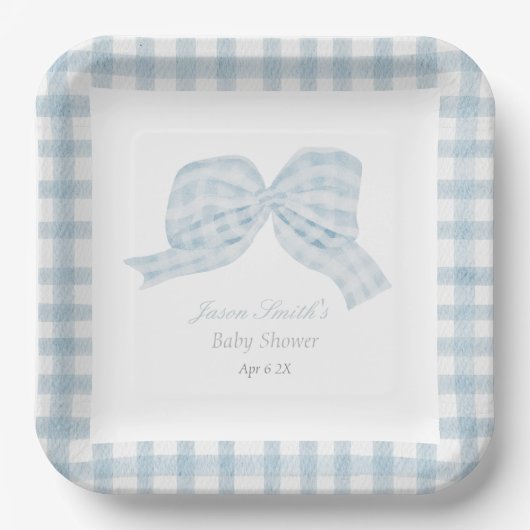 Niedliche blaue Bugband-Babydusche Pappteller (Vorderseite)