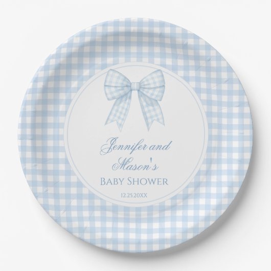 Niedliche, blaue Bugband-Babydusche Pappteller (Vorderseite)