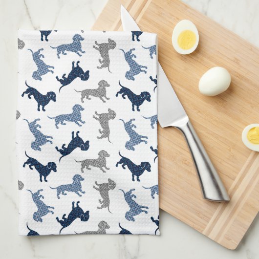 Niedliche blaue Dackeln in Damask Geschirrtuch (Viertel Falte)