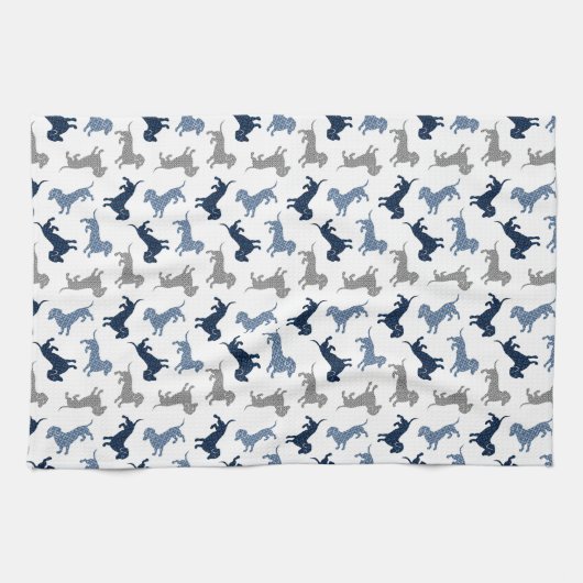 Niedliche blaue Dackeln in Damask Geschirrtuch (Horizontal)