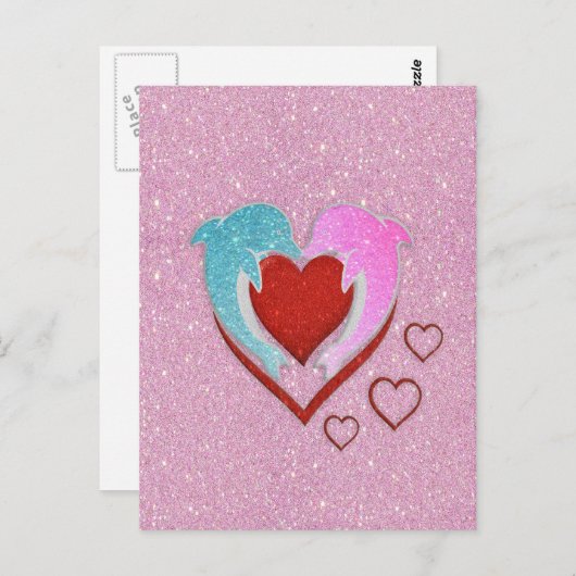 Niedliche Blaue Delphine mit rotem Herzen Postkarte (Vorne/Hinten)