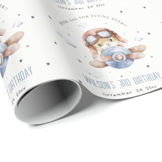 Niedliche blaue Fliege über Teddy Animal Flugzeug  Geschenkpapier (Rolleneckpunkt)