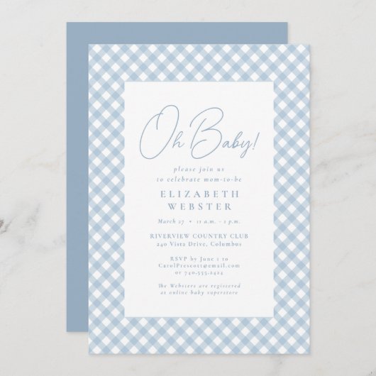 Niedliche blaue Gingham-Dusche Einladung (Vorne/Hinten)