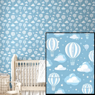Niedliche blaue Heißluftballons, Sterne und Wolken Tapete