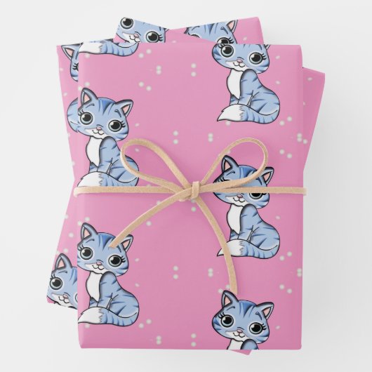 niedliche blaue Katze auf rosa Geschenkpapier Set (Beispiel)