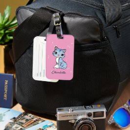Niedliche blaue Katze auf rosa individuelle Name Gepäckanhänger