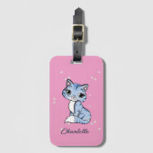 Niedliche blaue Katze auf rosa individuelle Name Gepäckanhänger (Vorderseite Vertikal)