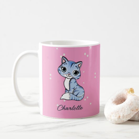 Niedliche blaue Katze auf rosa individuelle Name Kaffeetasse (Mit Donut)