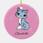 Niedliche blaue Katze auf rosa individuelle Name Keramik Ornament (Hinten)