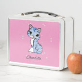 Niedliche blaue Katze auf rosa individuelle Name Metall Brotdose (Beispiel)