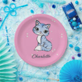 Niedliche blaue Katze auf rosa individuelle Name Pappteller (Party)