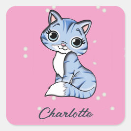 Niedliche blaue Katze auf rosa individuelle Name Quadratischer Aufkleber