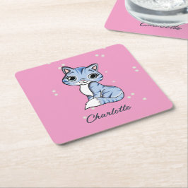 Niedliche blaue Katze auf rosa individuelle Name Rechteckiger Pappuntersetzer