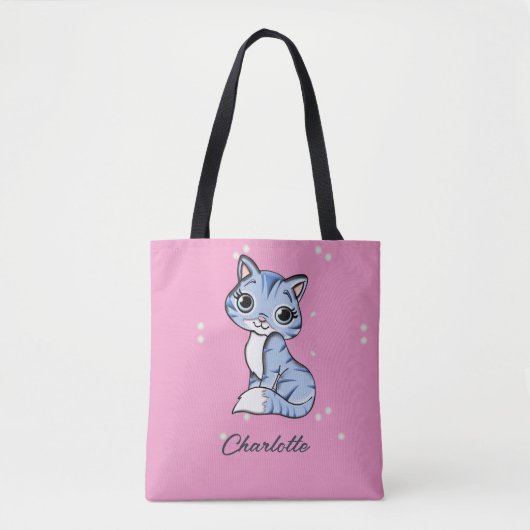 Niedliche blaue Katze auf rosa individuelle Name Tasche (Vorderseite)