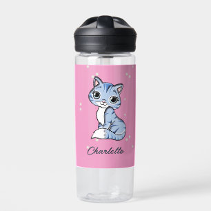 Niedliche blaue Katze auf rosa individuelle Name Trinkflasche