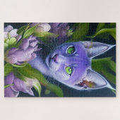 Niedliche blaue Katze in violetten Blumen Puzzle (Horizontal)