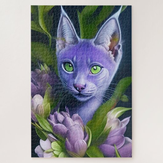 Niedliche blaue Katze in violetten Blumen Puzzle (Vertikal)