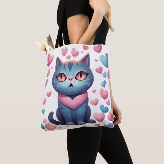 Niedliche blaue Katze mit Herz Hoodie | Kawaii Val Tasche (Von Nahem)