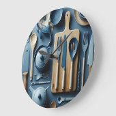Niedliche blaue Küche Utensitic Tapete Große Wanduhr (Winkel)