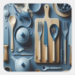 Niedliche blaue Küche Utensitic Tapete Quadratischer Aufkleber