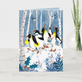 Niedliche blaue Musiker Pinguine Schneefall Feiertagskarte
