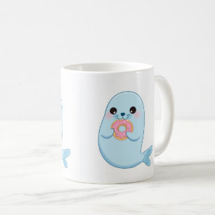 Niedliche blaue Robbe mit Donut-Kinder-Tasse Kaffeetasse