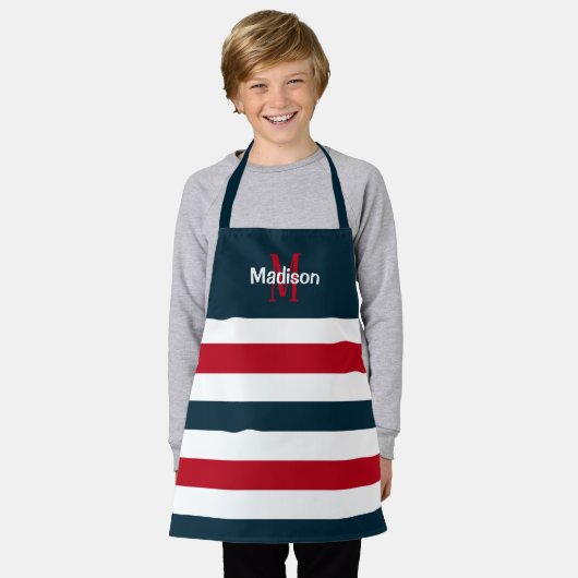 Niedliche blaue Streifen Monogramm Kinder Schürze (Getragen)