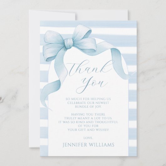 Niedliche Blauer Streifen Bow Ribbon Babydusche Dankeskarte (Vorderseite)