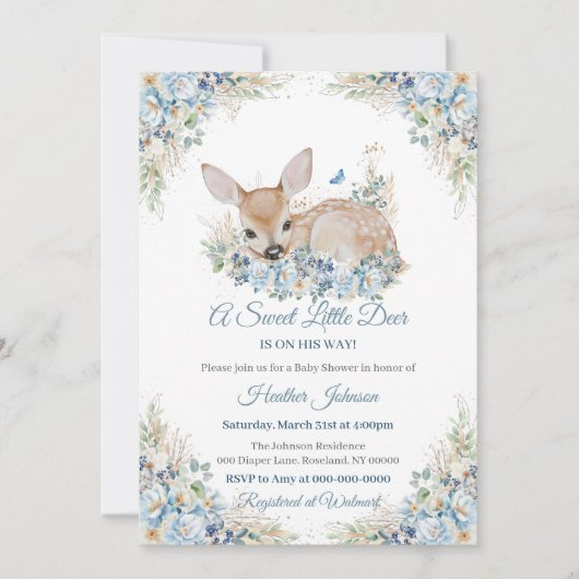 Niedliche Blauer und Beige Blütendusche Einladung (Vorderseite)