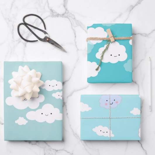 Niedliche Blauer Wrapper aus Wolken Geschenkpapier Set (Vorderseite)