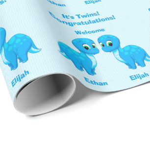 Niedliche blaues Baby-Jungen-Dinosaurier-Zwillinge Geschenkpapier