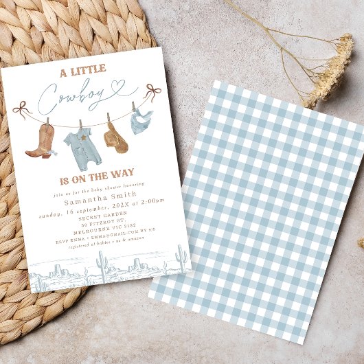 Niedliche blaugraue Kleidung Kleine Cowboy Babydus Einladung