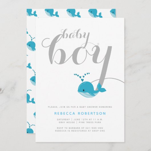 Niedliche Blauwal-Typografie-Babydusche Einladung (Vorne/Hinten)