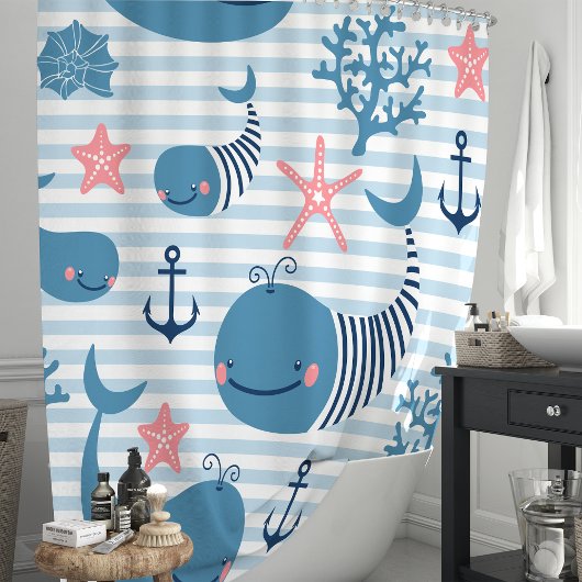 Niedliche Blauwale und Korallenriff Duschvorhang