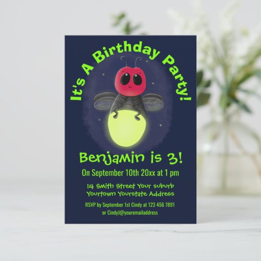 Niedliche Blitzfehler-Firefrefly-Cartoon-Abbildung Einladung (Stehend Vorderseite)