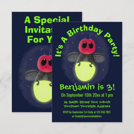 Niedliche Blitzfehler-Firefrefly-Cartoon-Abbildung Einladung (Vorne/Hinten)