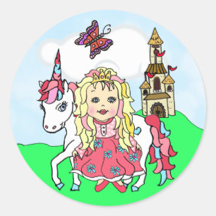 Niedliche blonde-haarige Prinzessin und Schloss Un Runder Aufkleber