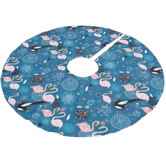 Niedliche Blume Flamingos Polyester Weihnachtsbaumdecke (Schrägansicht)