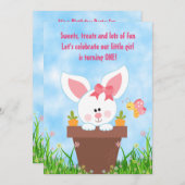 Niedliche Blume Pot Bunny 1. Geburtstag Einladunge Einladung (Vorne/Hinten)