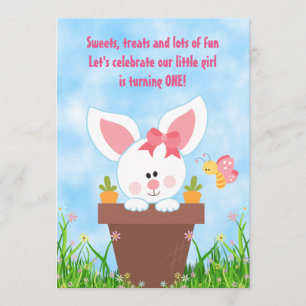 Niedliche Blume Pot Bunny 1. Geburtstag Einladunge Einladung