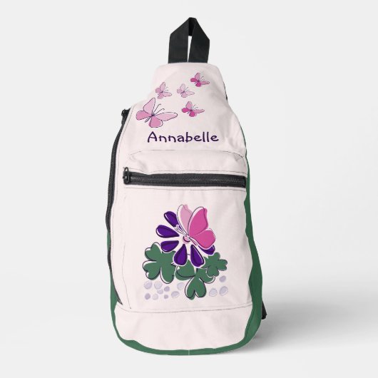 Niedliche Blume Schmetterlinge Doodle Name Crossbody Bag (Vorderseite)