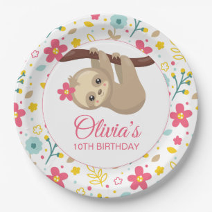 Niedliche Blume Sloth Geburtstagsparty Plate Pappteller
