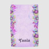 Niedliche Blume und Schmetterlinge auf lila Golfhandtuch (Vorderseite)
