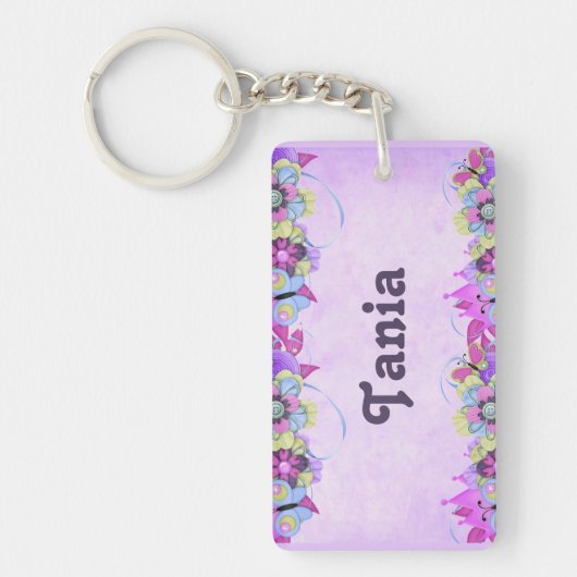 Niedliche Blume und Schmetterlinge auf lila Schlüsselanhänger (Vorderseite)