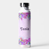 Niedliche Blume und Schmetterlinge auf lila Trinkflasche (Links)