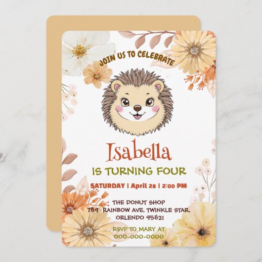 Niedliche Blume von Schweinen Cartoon Geburtstag Einladung (Vorne/Hinten)