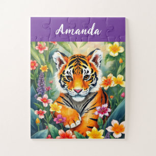 Niedliche Blume Wasserfarbe Kinder Name Tiger Puzzle